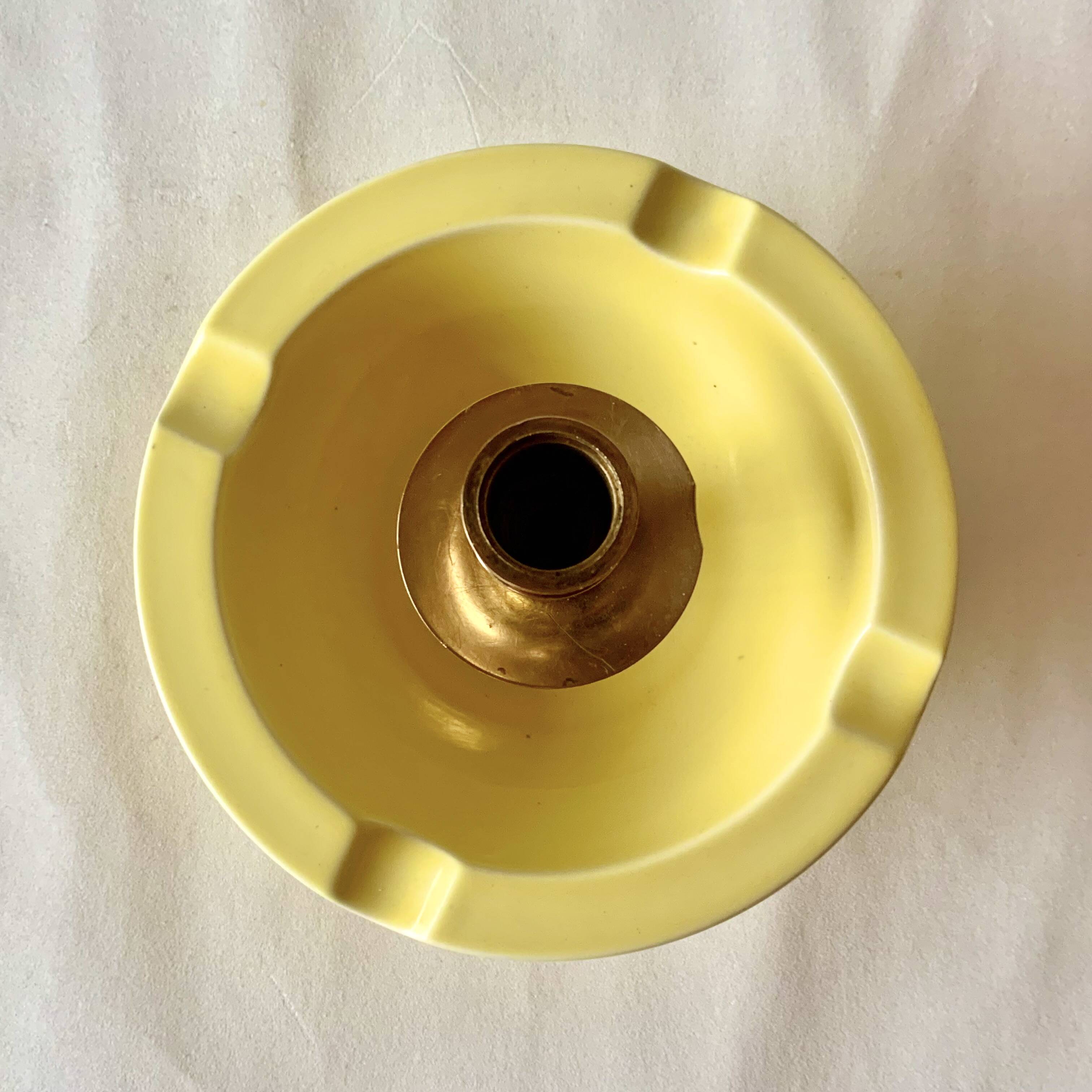 Large vintage brass and yellow glazed ceramic candle holder-ashtray
