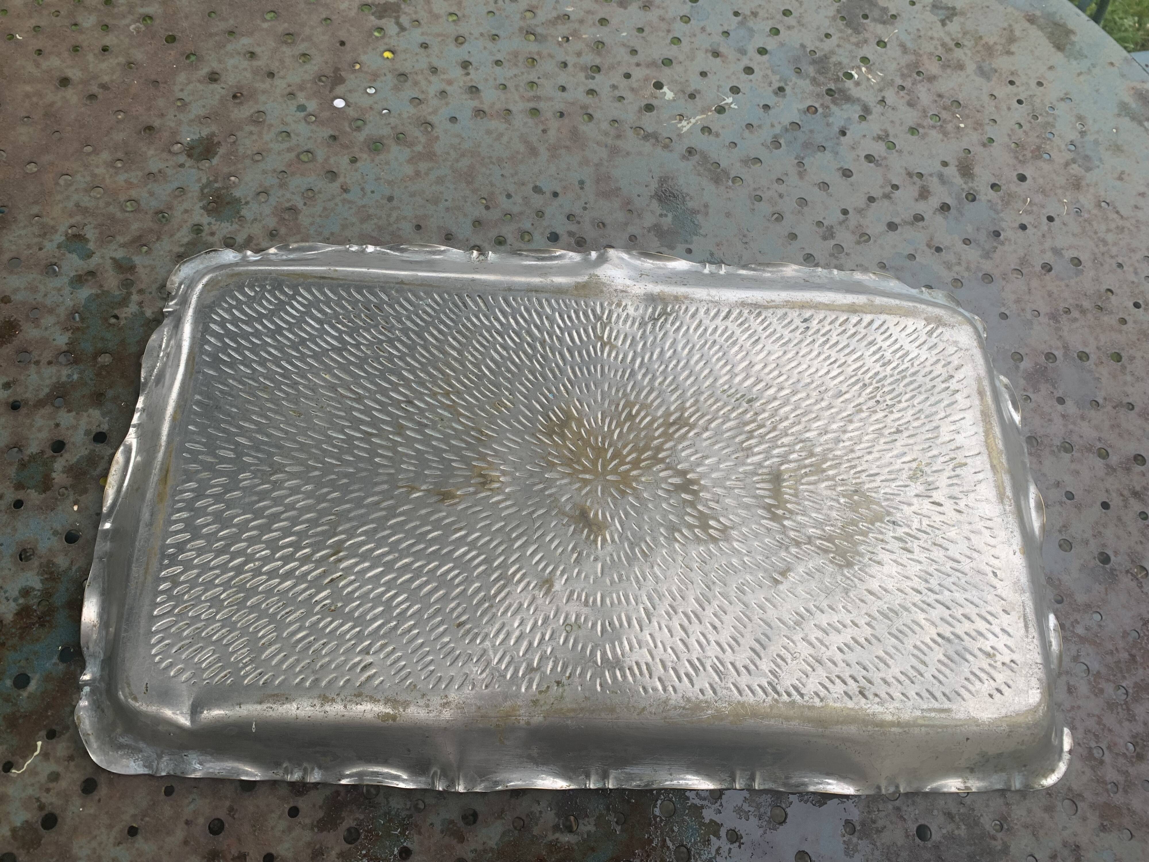 Large rectangular tray in vintage, artisanal and oriental hammered metal