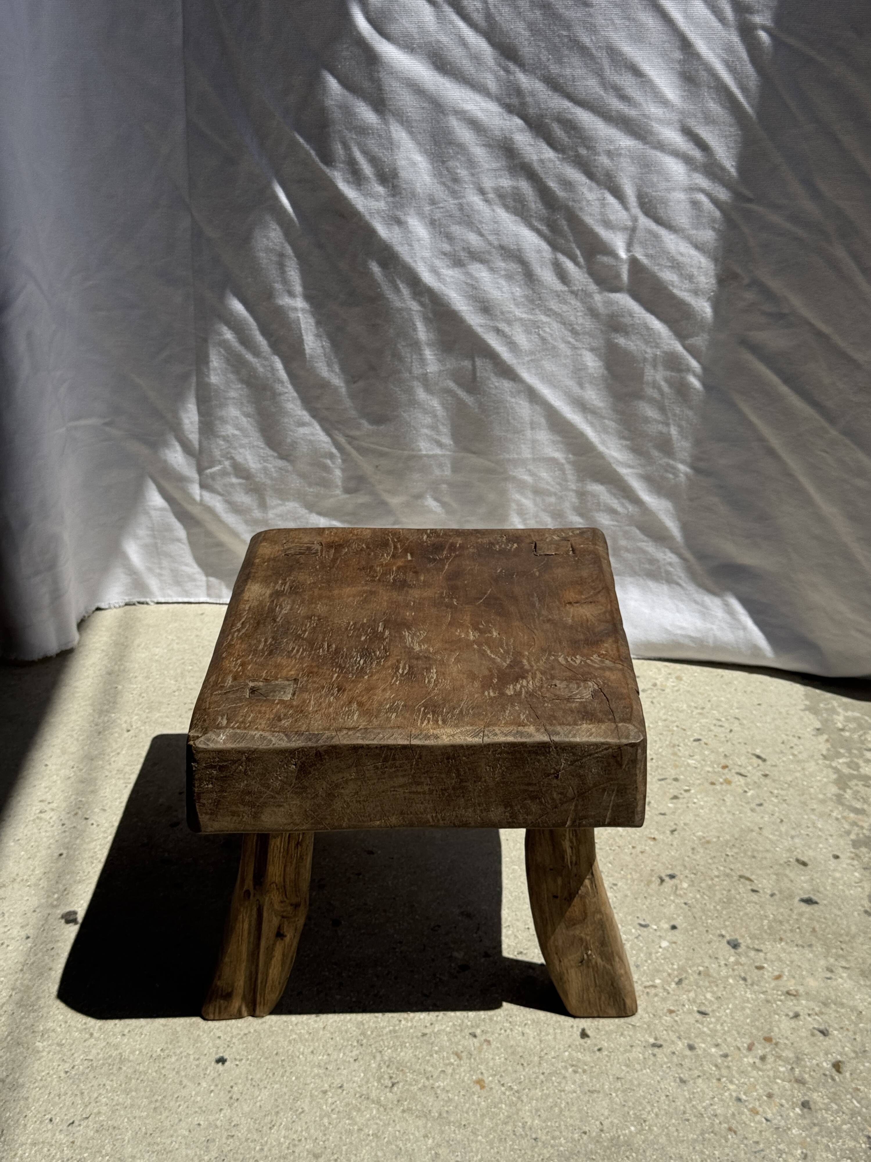 Small stool, rectangular accent stool in solid teak wabi-sabi H26