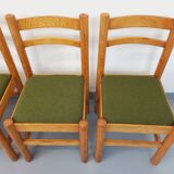 Set of 4 vintage chairs in pine and khaki green bouclette fabric from the 70s
