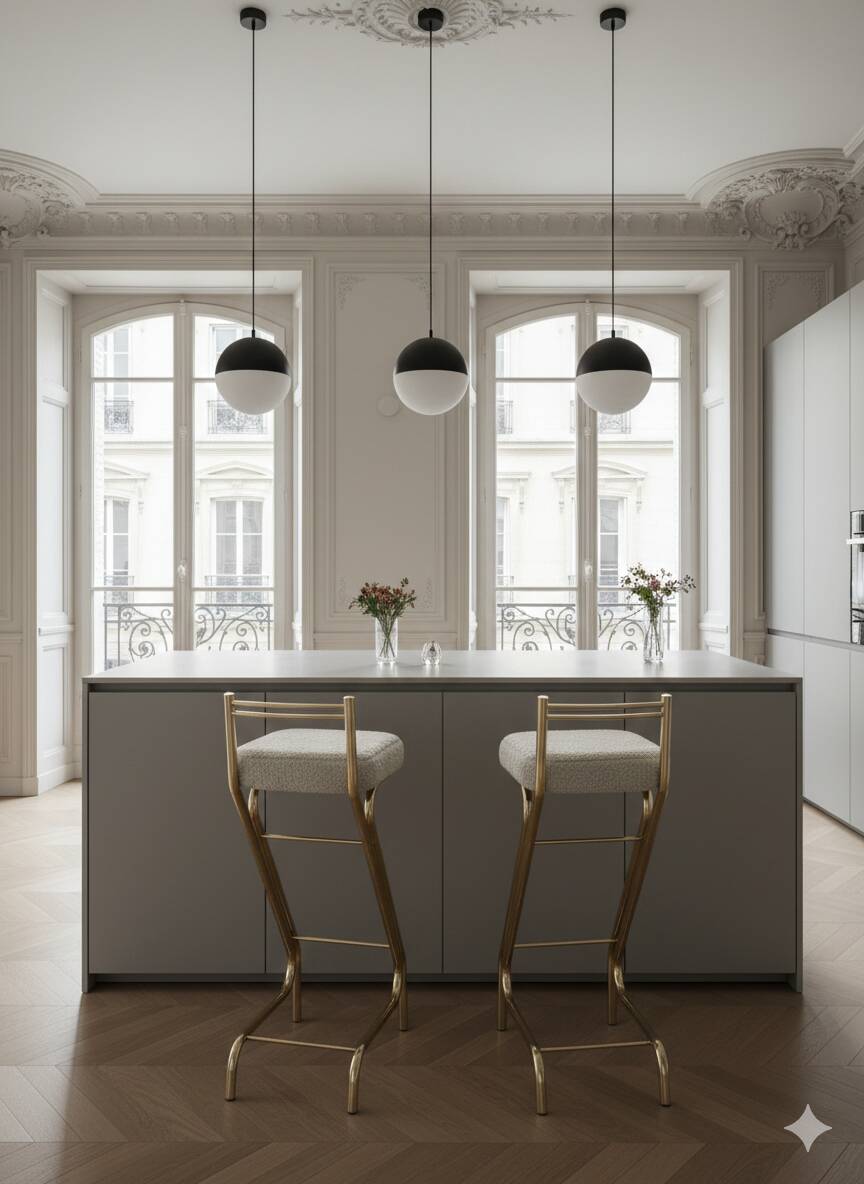 Mid-Century Modern Z Frame Bar Stools in Gold and Natural Shearling - Pair