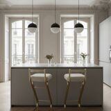 Mid-Century Modern Z Frame Bar Stools in Gold and Natural Shearling - Pair