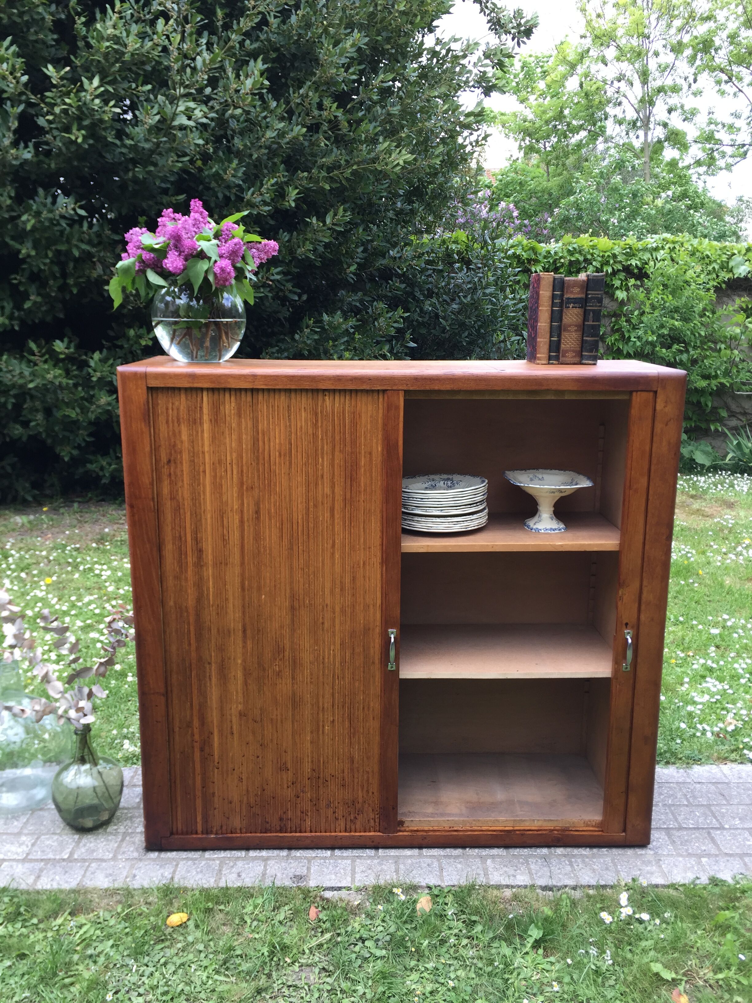Low cupboard / curtain 1950 vintage blond oak buffet
