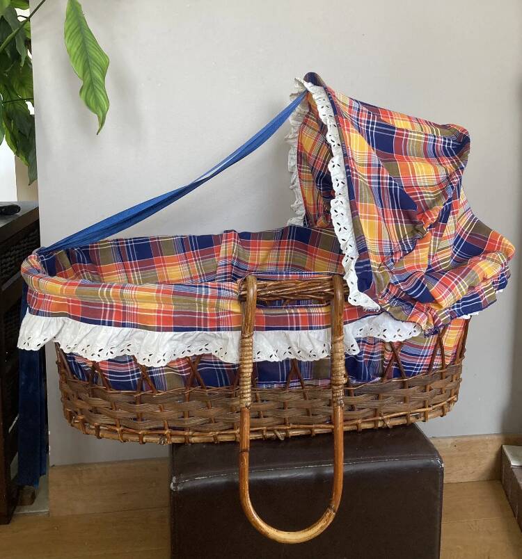 1970s wicker rattan portable bassinet cradle complete with bedding