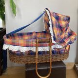 1970s wicker rattan portable bassinet cradle complete with bedding