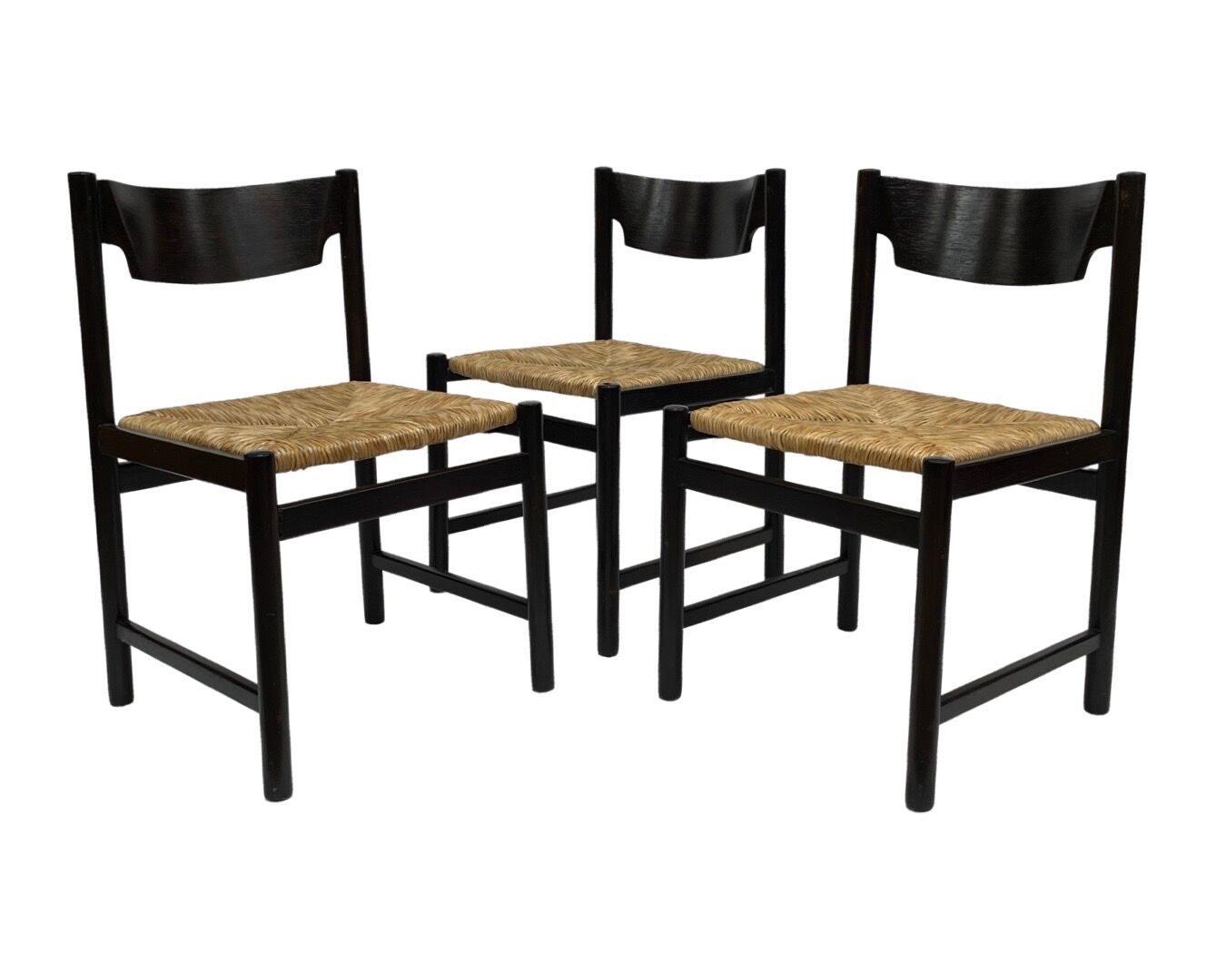 4 vintage dining room chairs with braided seat in wenge wood, 1970s