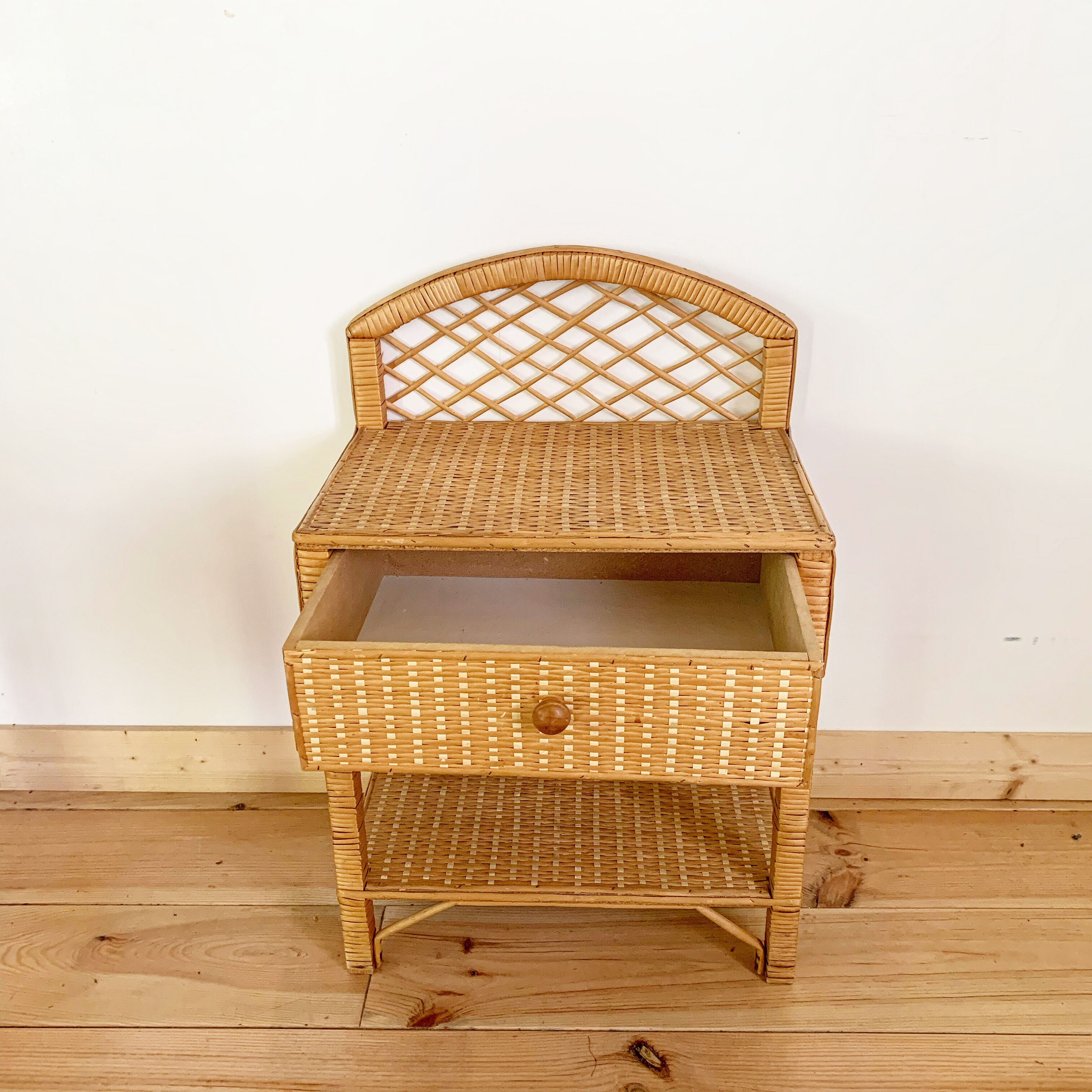 Pair of vintage wicker and rattan bedside tables