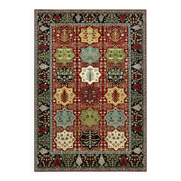 Hand-Knotted Wool Area Rug, Red Geometric Botanical Carpet for Living Room