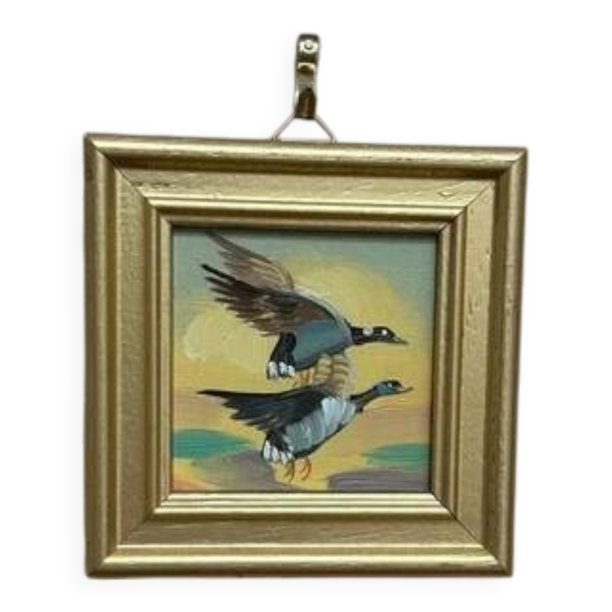 Mid-Century Oil on Panel – “Birds” by Unknown, Vintage & Framed 11 × 11 cm