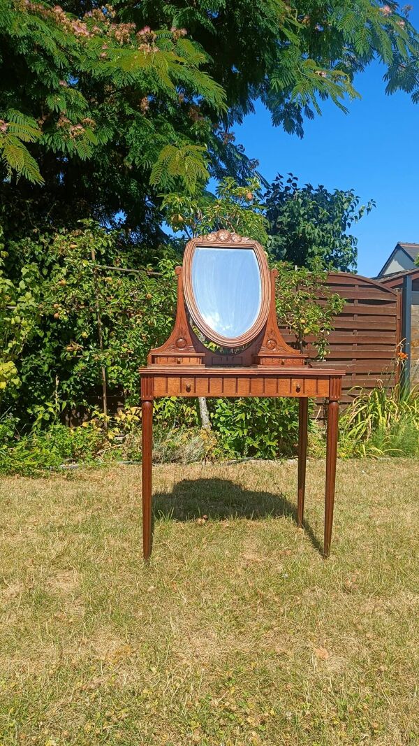 Coiffeuse Art déco en chêne, plateau en marbre  et miroir pivotant