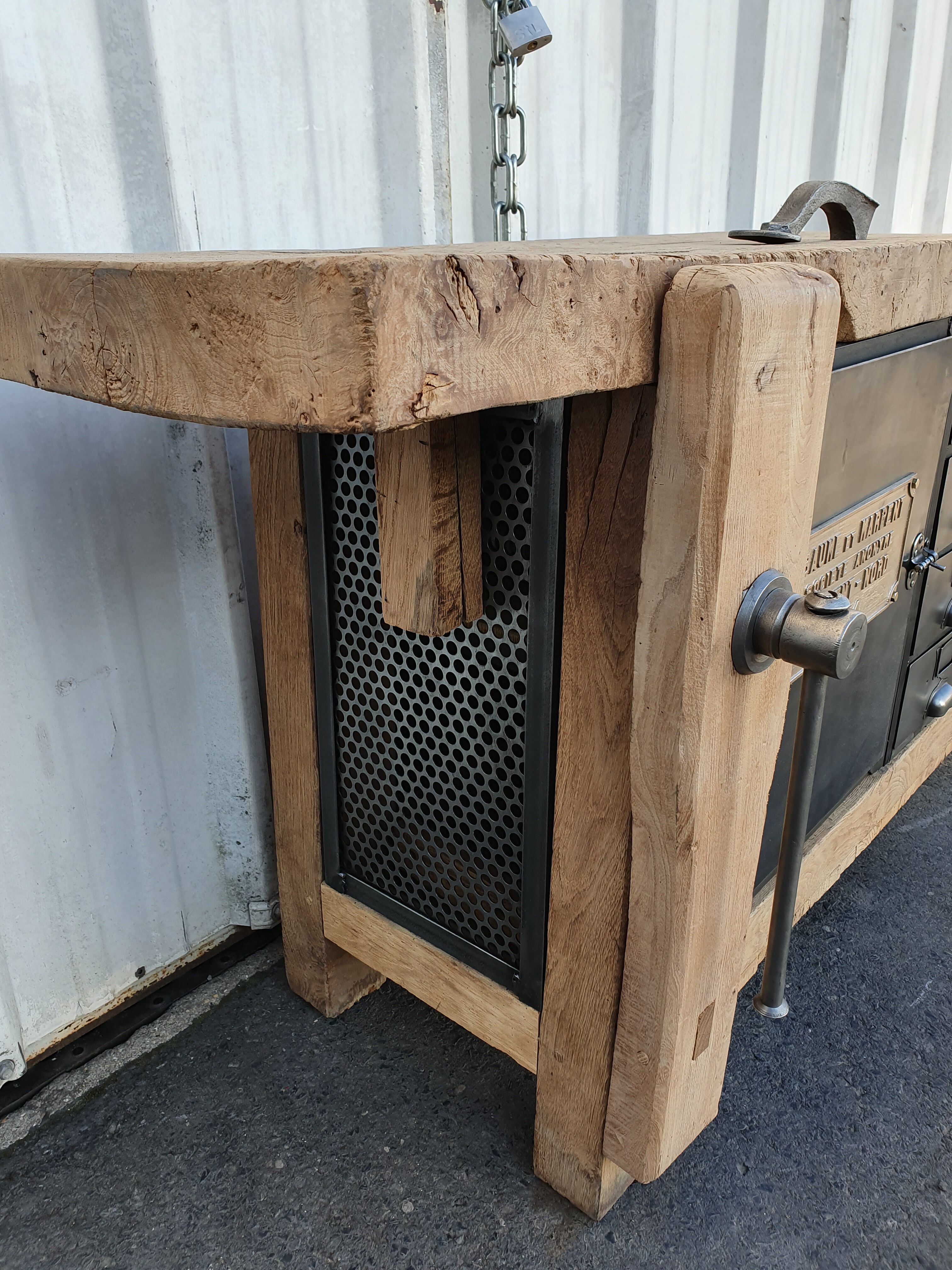 Large industrial workbench elm and metal 2 doors 4 drawers
