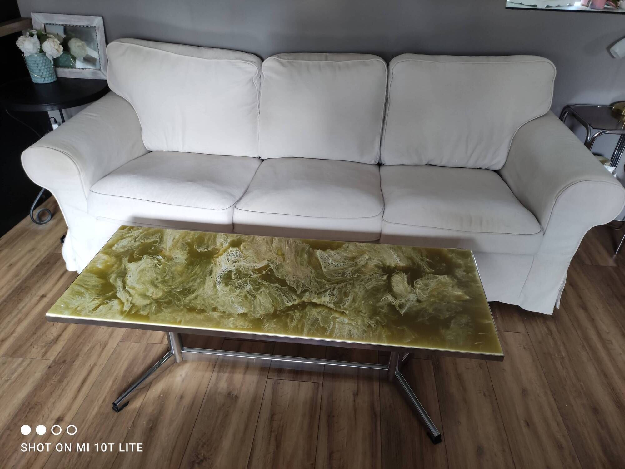 Vintage coffee table 70s chrome base and top resin effect marble green water