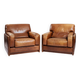 Fauteuils lounge vintage en cuir de buffle, lot de 2, 1970