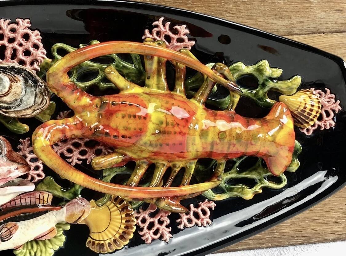 Large Vallauris slip dish 57x25 cm lobster fish
