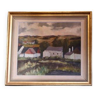 Original Swedish Modernist Oil Painting" Landscape With House" - Framed