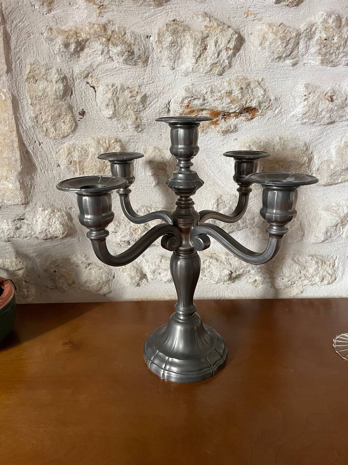 Candélabre ancien en étain – 5 branches – France, milieu XXᵉ siècle