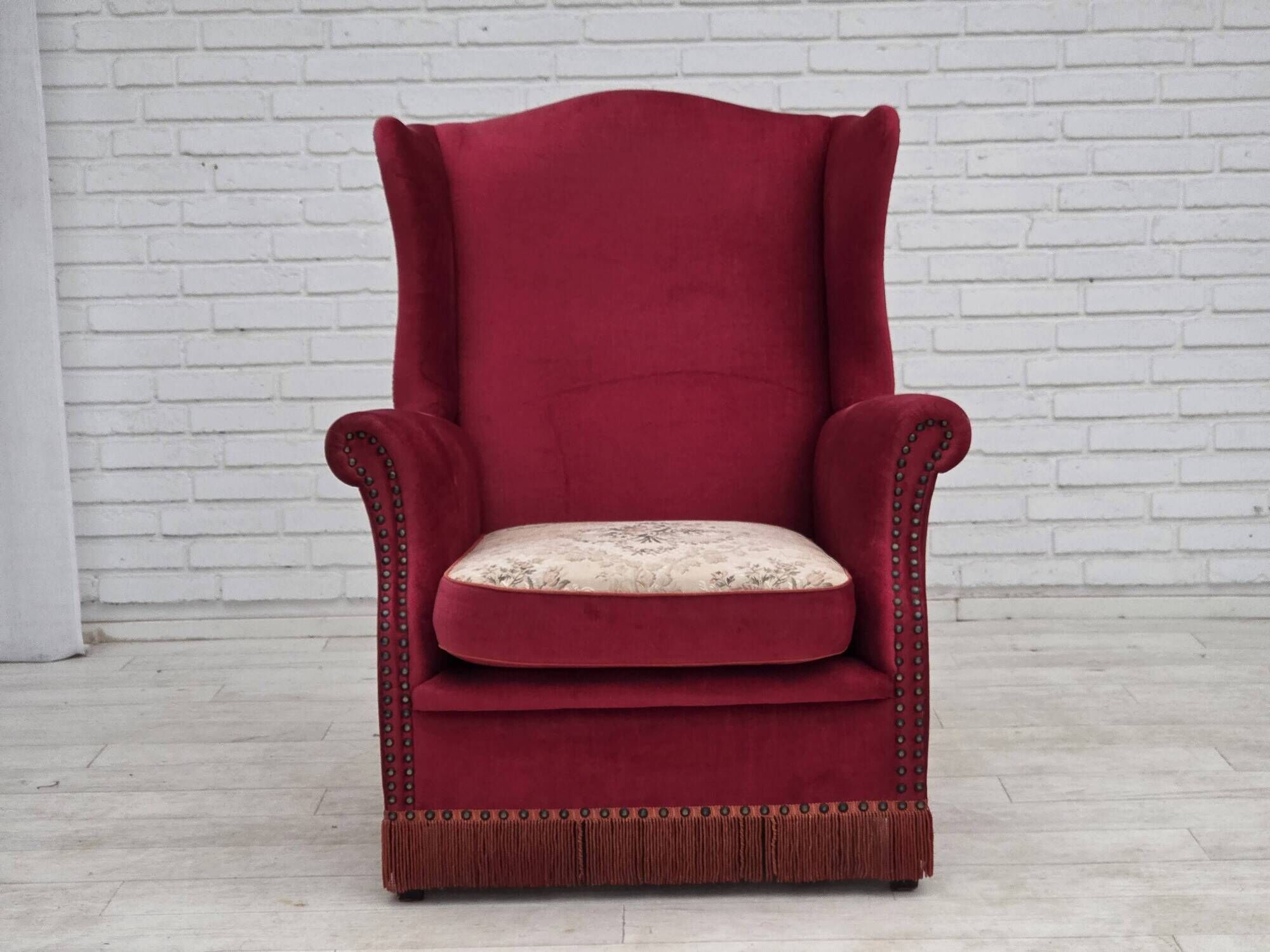 1970s, Danish highback armchair, furniture velour, ash wood legs.