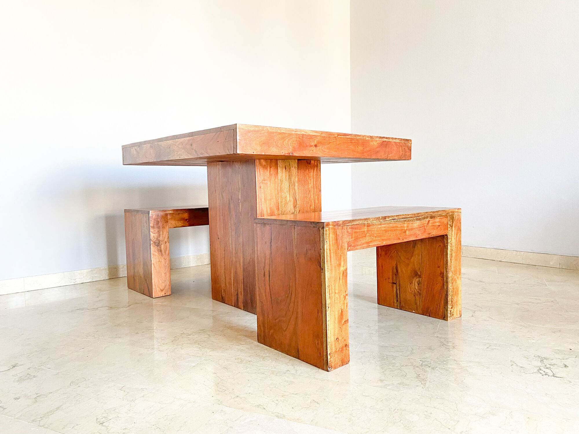 Set dining table plus 2 benches in solid teak wood, Italy 1970s