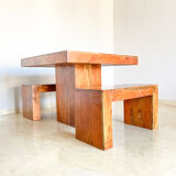 Set table à manger et 2 bancs en bois de teck massif, Italie années 1970