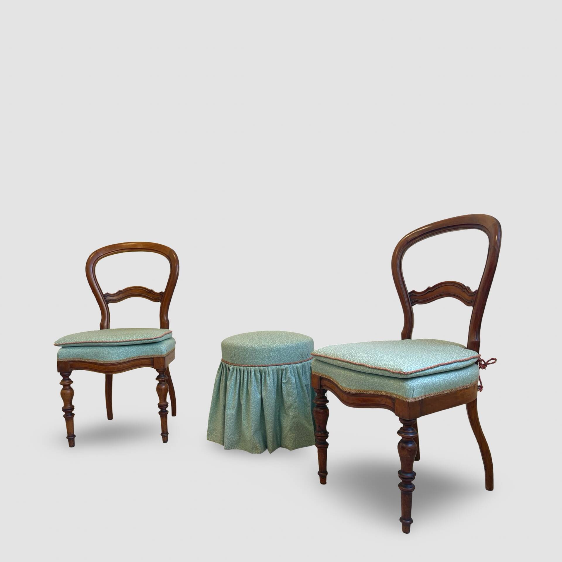 Antique Victorian era ballon back chairs and stool