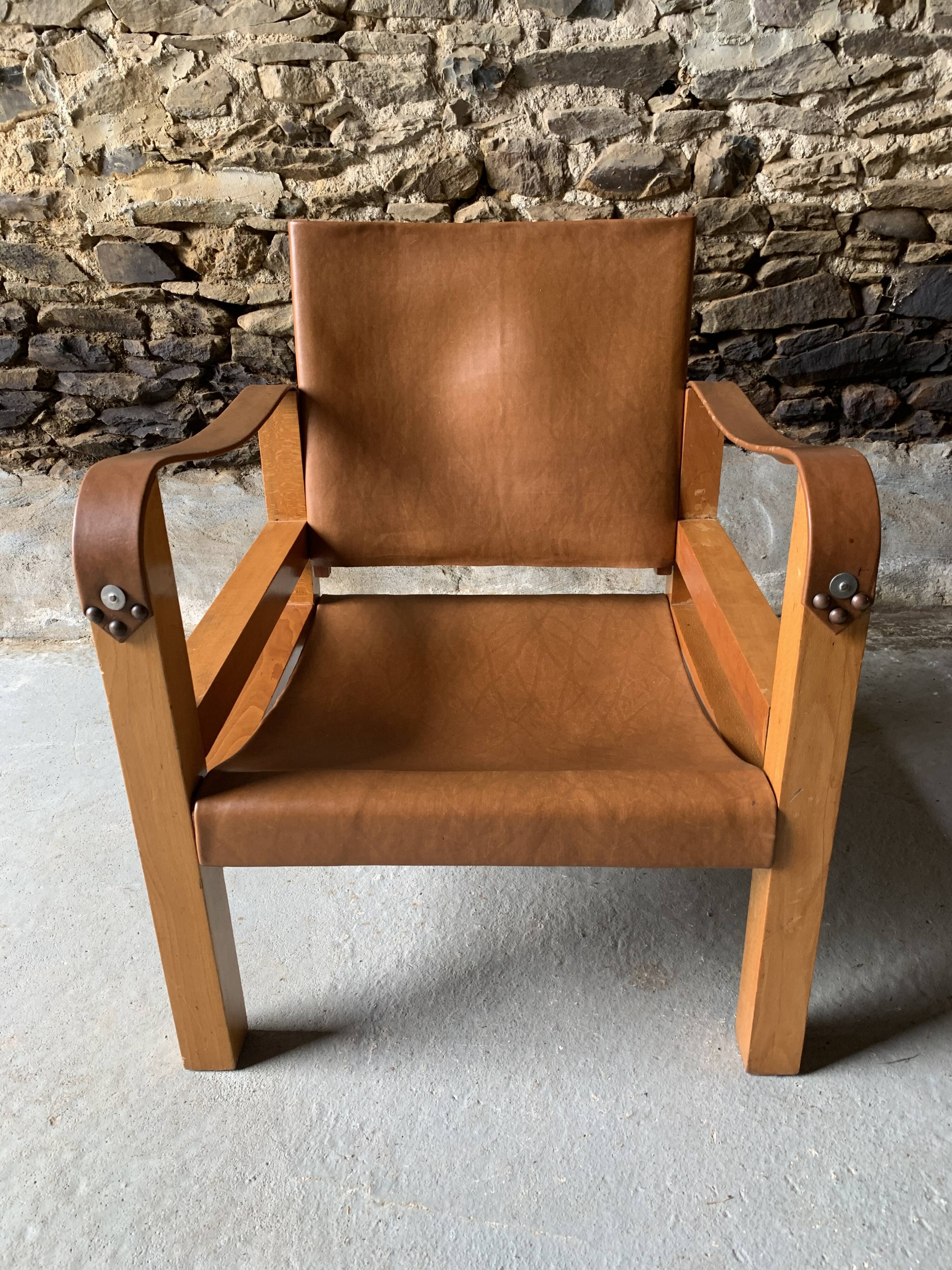 Safari armchair in wood and leather -1950's