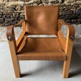 Safari armchair in wood and leather -1950's