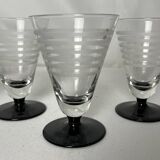 Art Deco, four striped liqueur glasses on black stem circa 1930