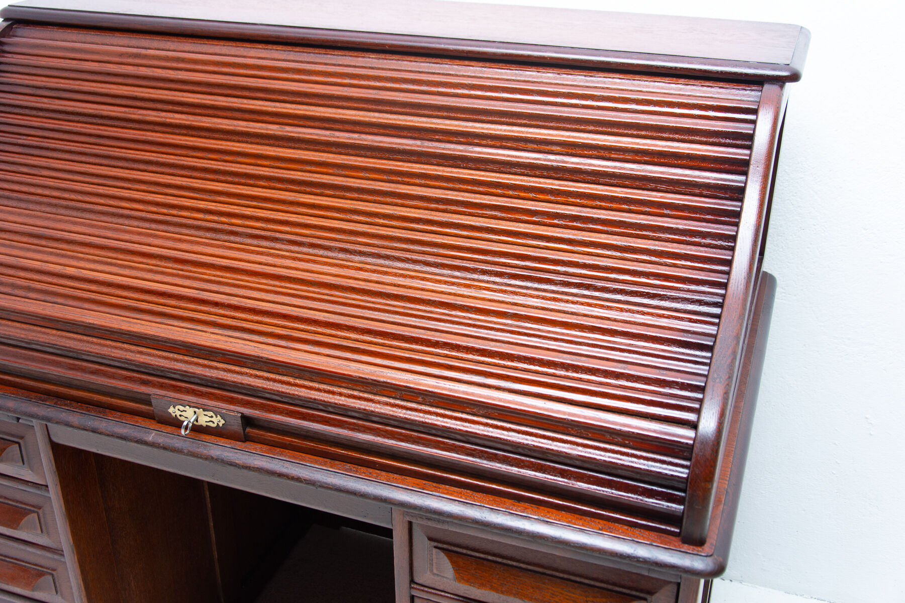 Antique roller blind writing desk 1930s, United Kingdom
