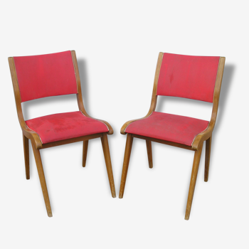 Pair of Scandinavian style red wood and leatherette chairs, 50s/60s