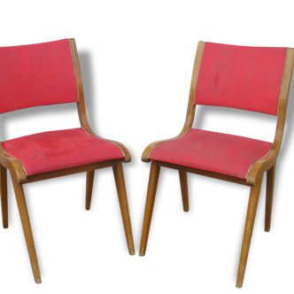 Pair of Scandinavian style red wood and leatherette chairs, 50s/60s