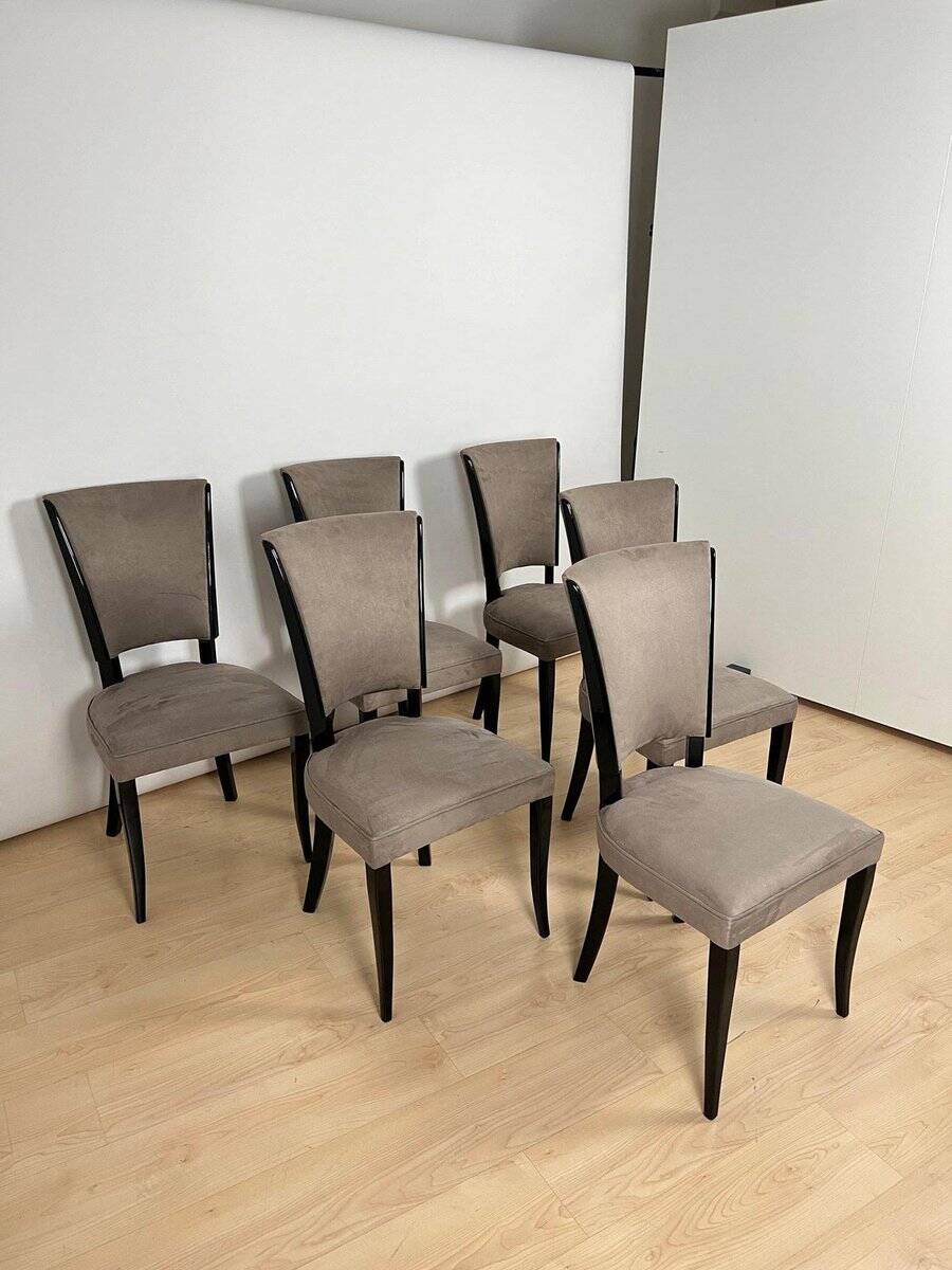 Art Deco Chairs in Black Lacquer & Grey Alcantara, France, 1930s, Set of 6