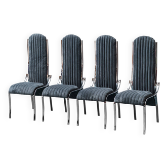 Set 4 chaises velours bleu métal années '70 vintage