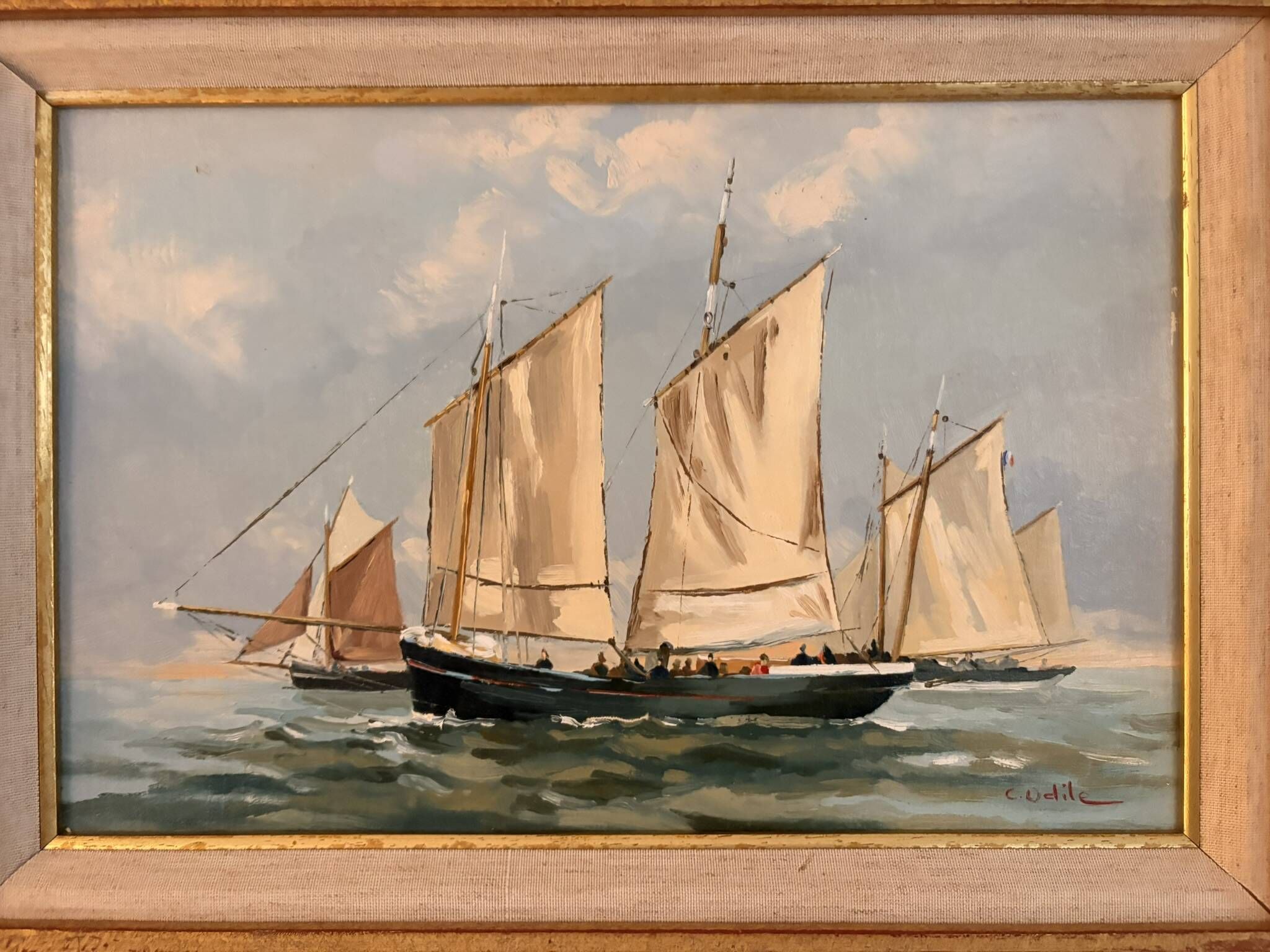 Old Oil Painting Marine Boat Signed Odile C Frigate