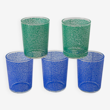 ensemble de 5 verres à eau vert et bleus, 1970