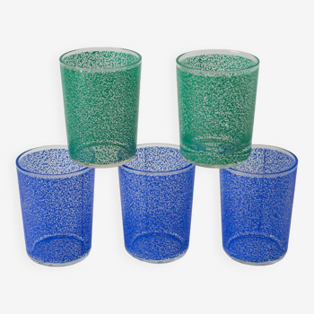 set of 5 green and blue water glasses, 1970