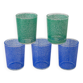 ensemble de 5 verres à eau vert et bleus, 1970