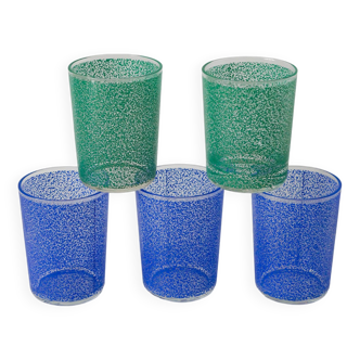 set of 5 green and blue water glasses, 1970