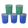 ensemble de 5 verres à eau vert et bleus, 1970