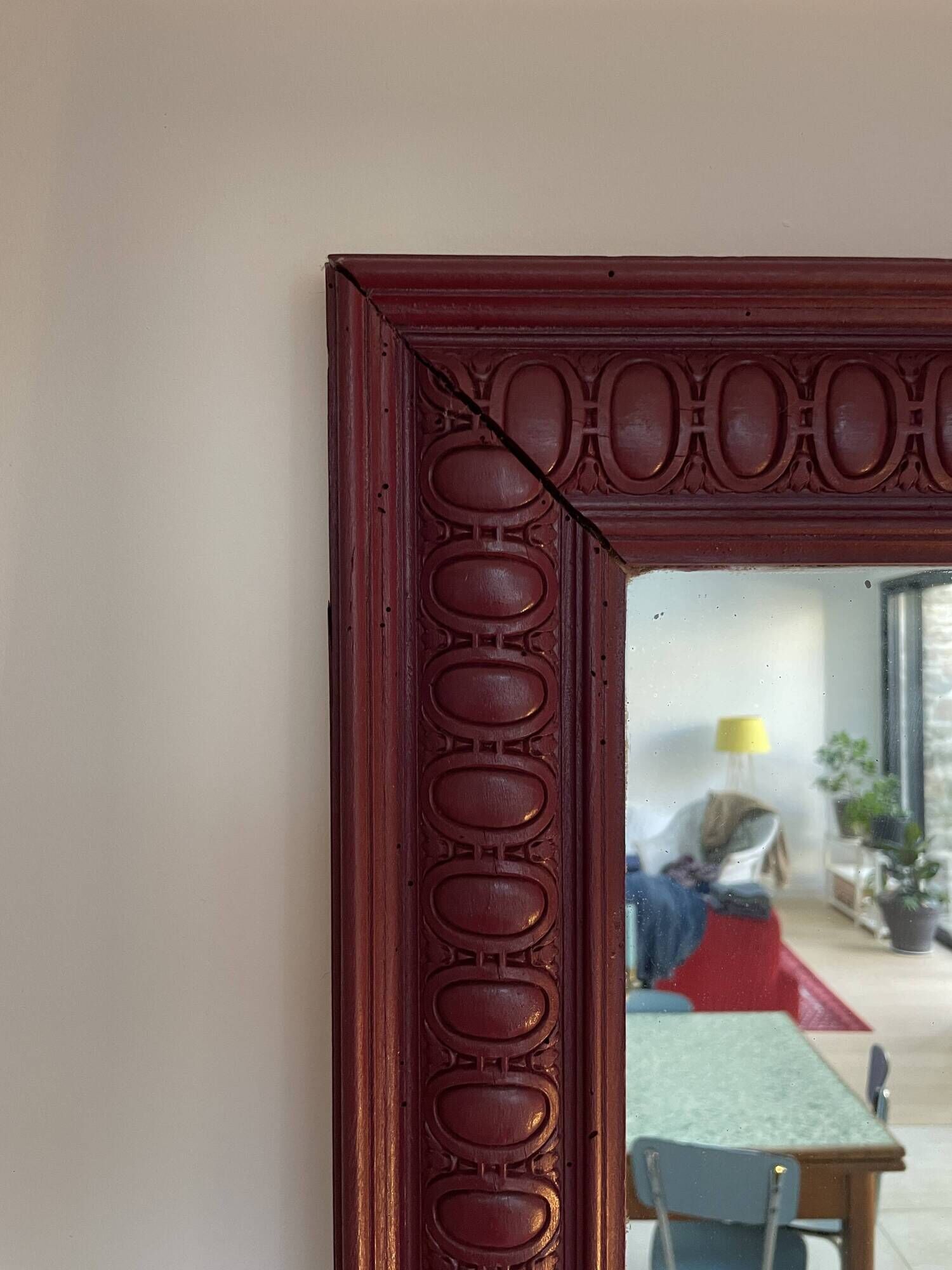 Large antique moulded mirror in wine red / plum (101 x 74 cm)