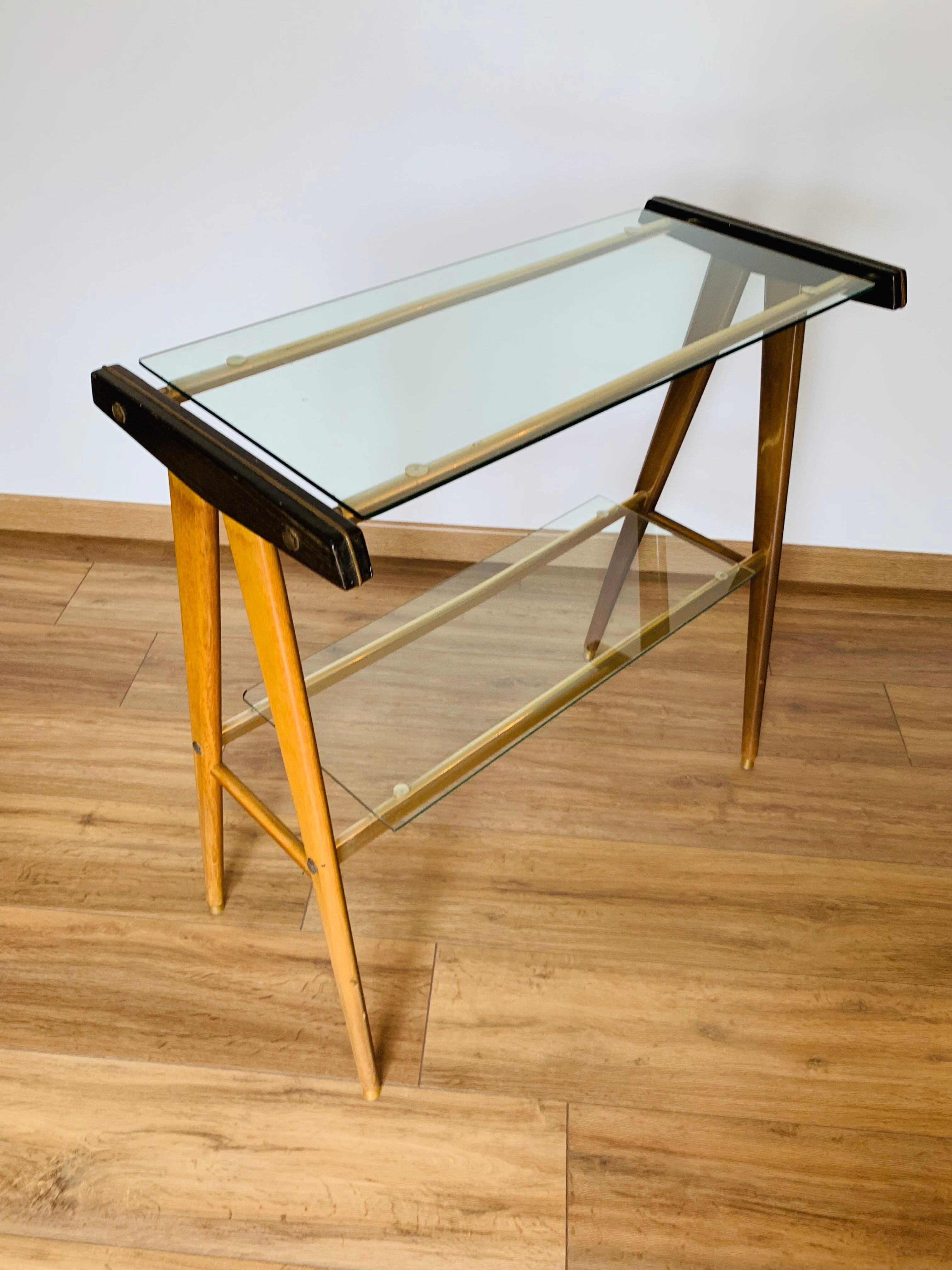 Vintage console in wood, glass and gold metal
