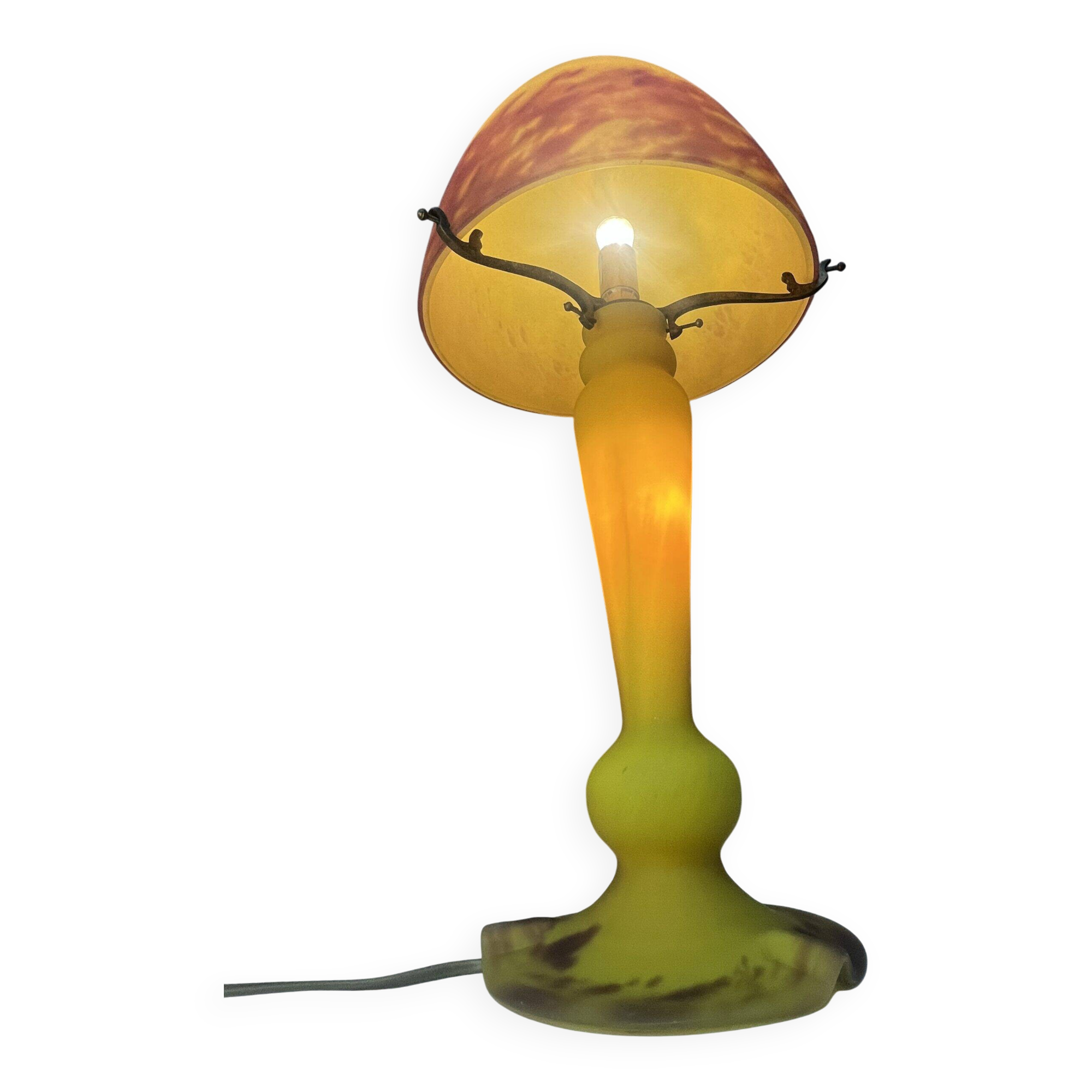 Contemporary mushroom lamp in amber-tinted yellow glass paste, height 58 cm