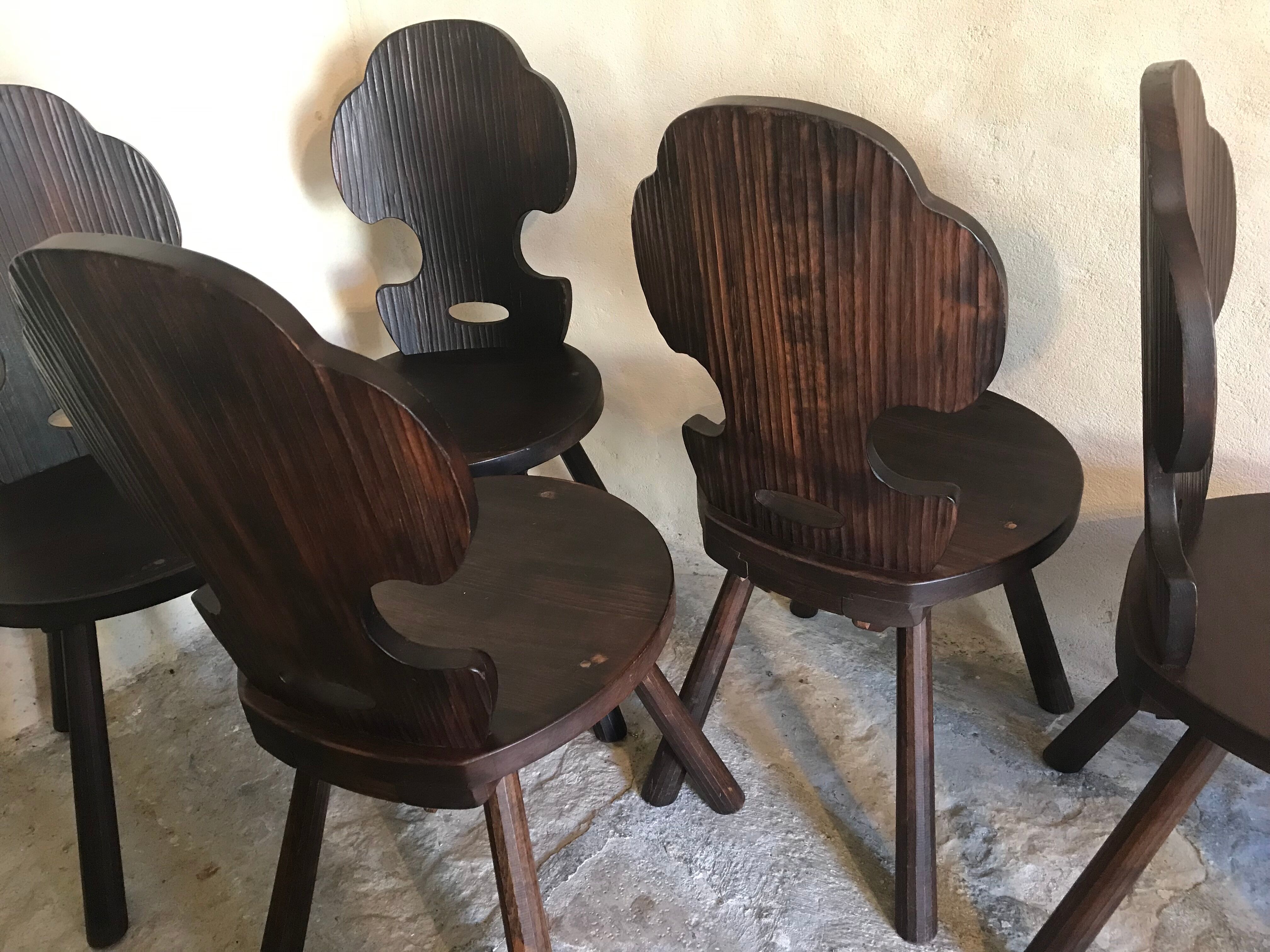 Set of 6 vintage brutalist solid wood chairs