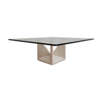 Square sculptural table in travertine and glass - Claude Berraldacci