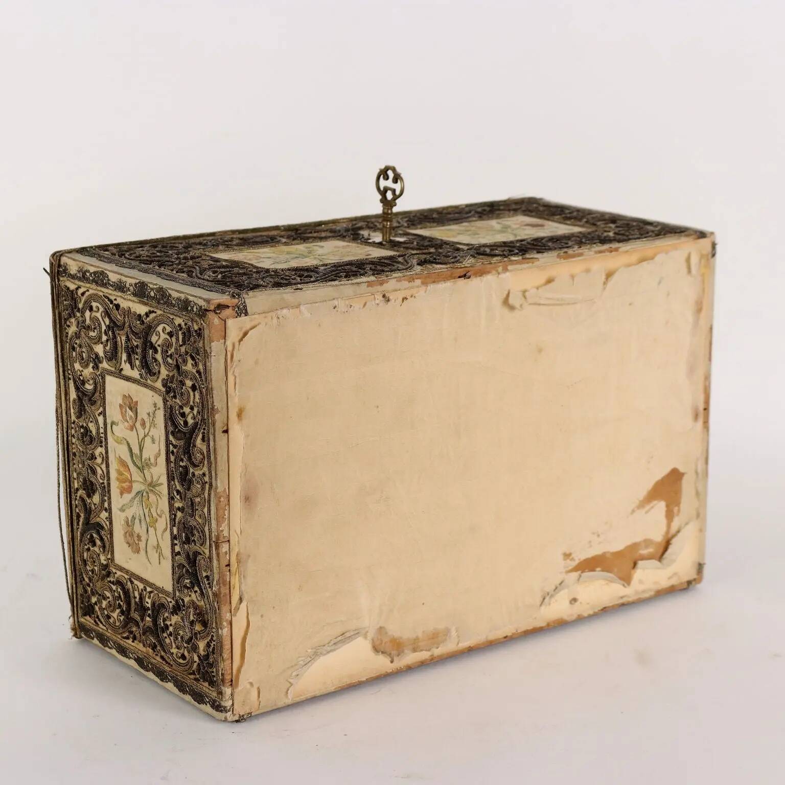 Antique wooden box with fabric and beads, Europe 19th Century