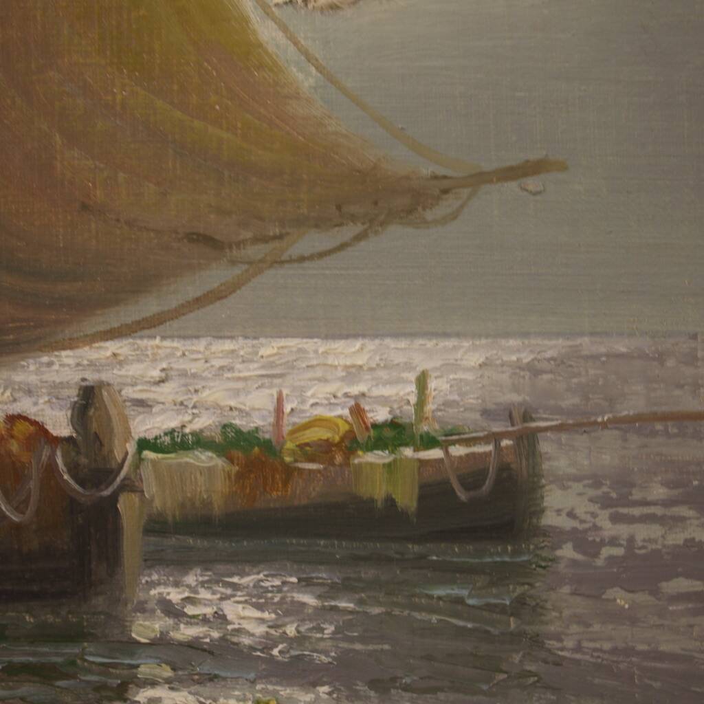 Seascape painting signed Remo Testa, fishermen at dawn