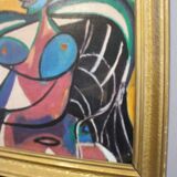 Portrait moderne du milieu du siècle, composition Bauhaus, peinture à l'huile, années 1960, encadrée