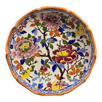 Deep dish, centerpiece, melonnière bowl in Gien earthenware, Peonies decor