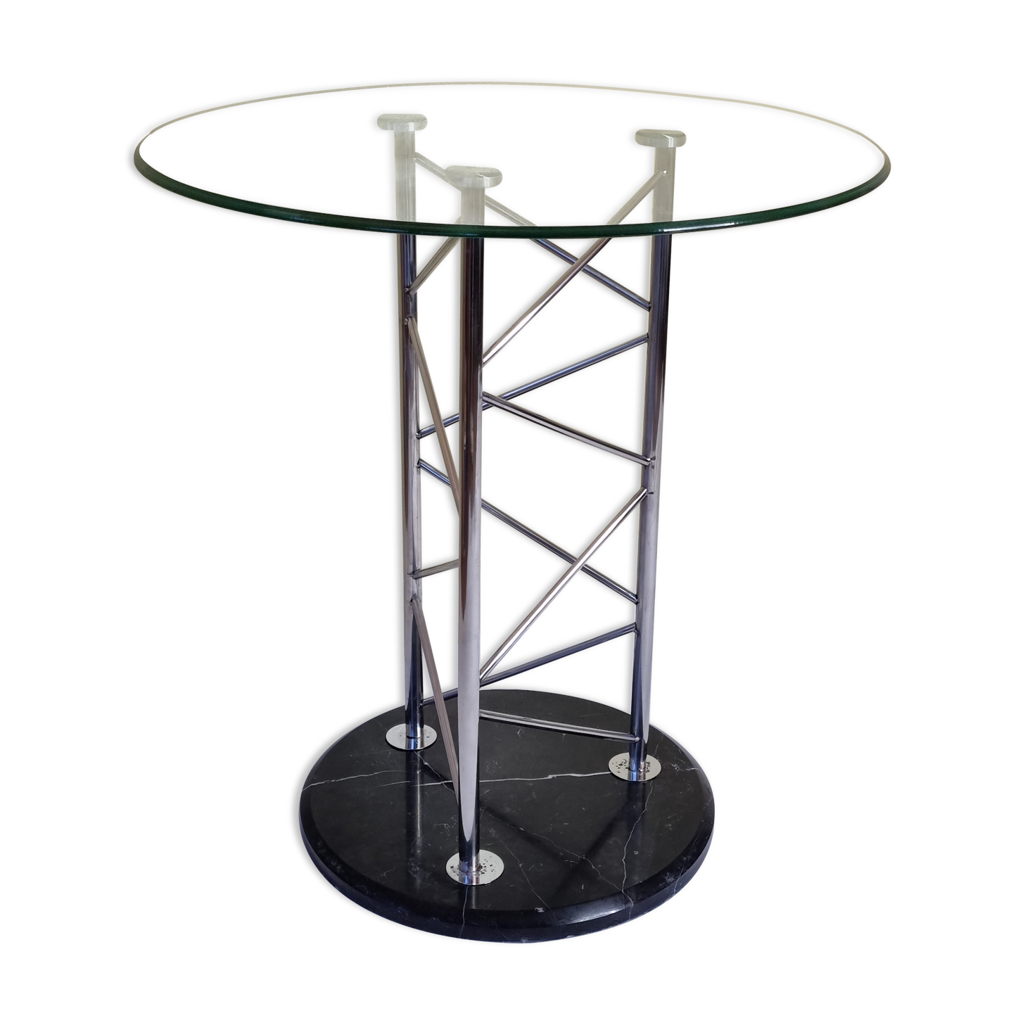 Side table "Eiffel" in glass and chrome steel with a marble base, 80s