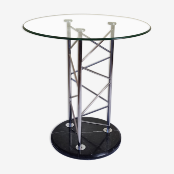 Table d'appoint "Eiffel" en verre et acier chromé avec une base en marbre, années 80