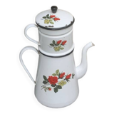 Coffee pot, in enamelled iron with patterns of red roses and white flowers, with filter, old